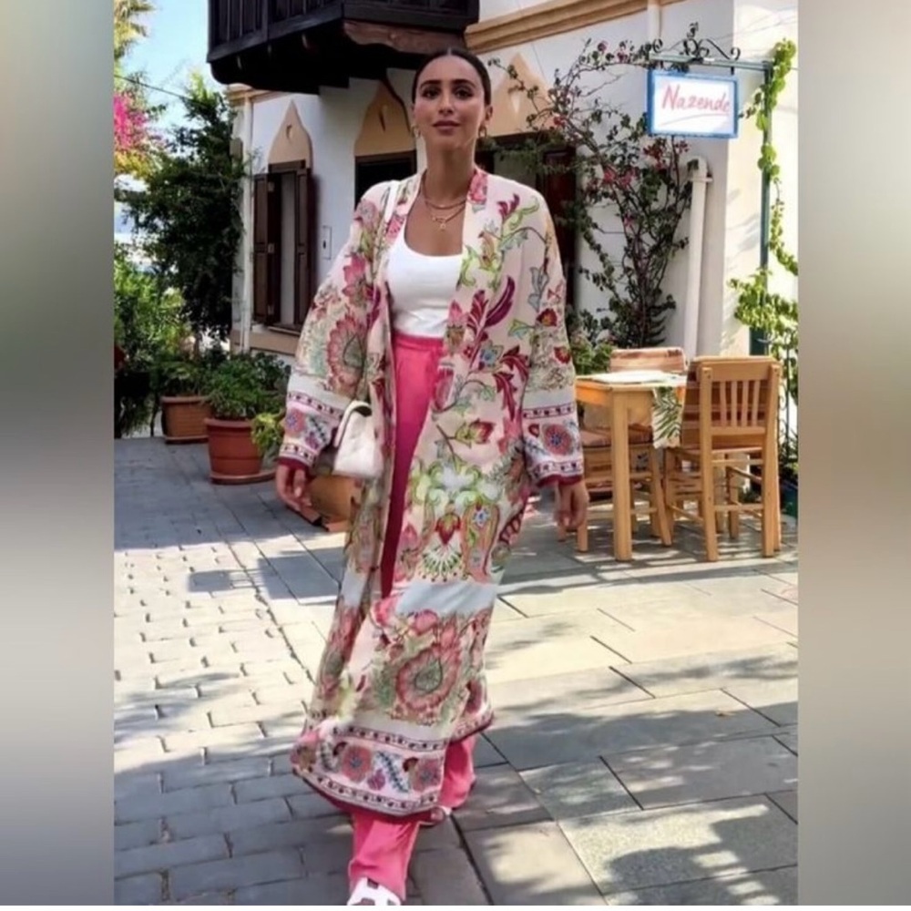 Zara Floral Printed Long Belted Kimono with Slits sz: M Pink Green
